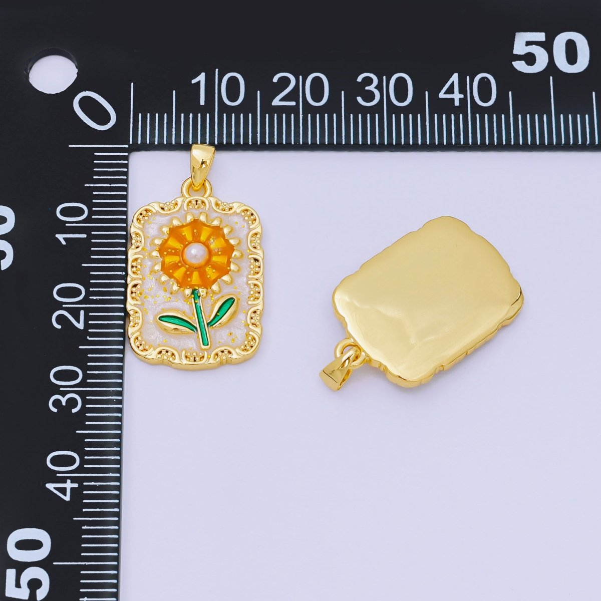 24K Gold Filled 24mm Enamel Art Sunflower Medallion Rectangle Pendant | AA-1603