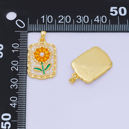 24K Gold Filled 24mm Enamel Art Sunflower Medallion Rectangle Pendant | AA-1603