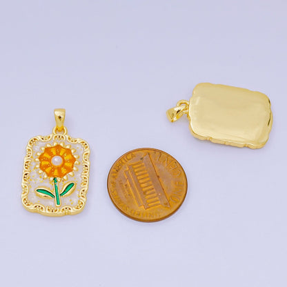 24K Gold Filled 24mm Enamel Art Sunflower Medallion Rectangle Pendant | AA-1603