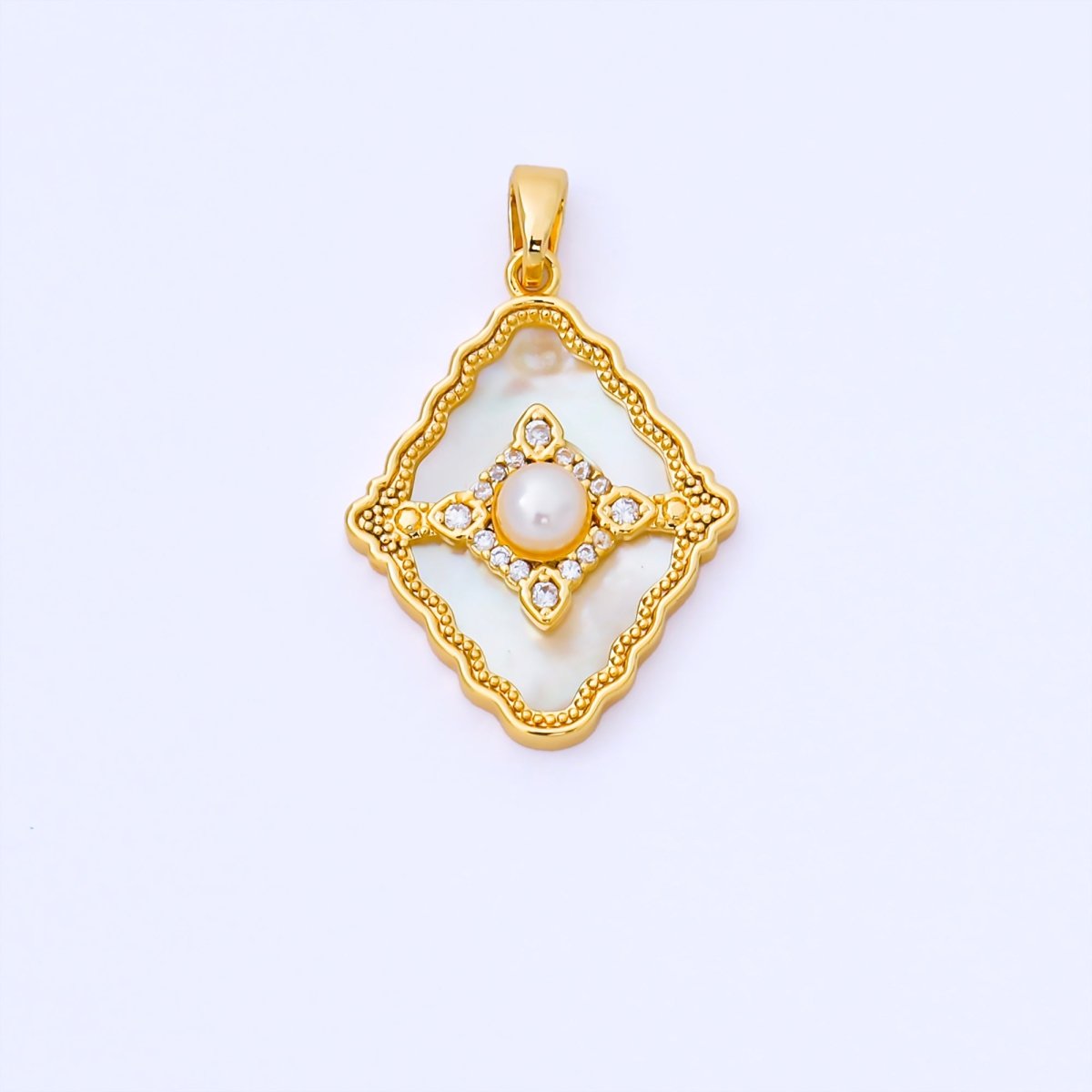 24K Gold Filled 24mm Micro Paved CZ Mother of Pearl Dazzling Rhombus Pendant | AA1653