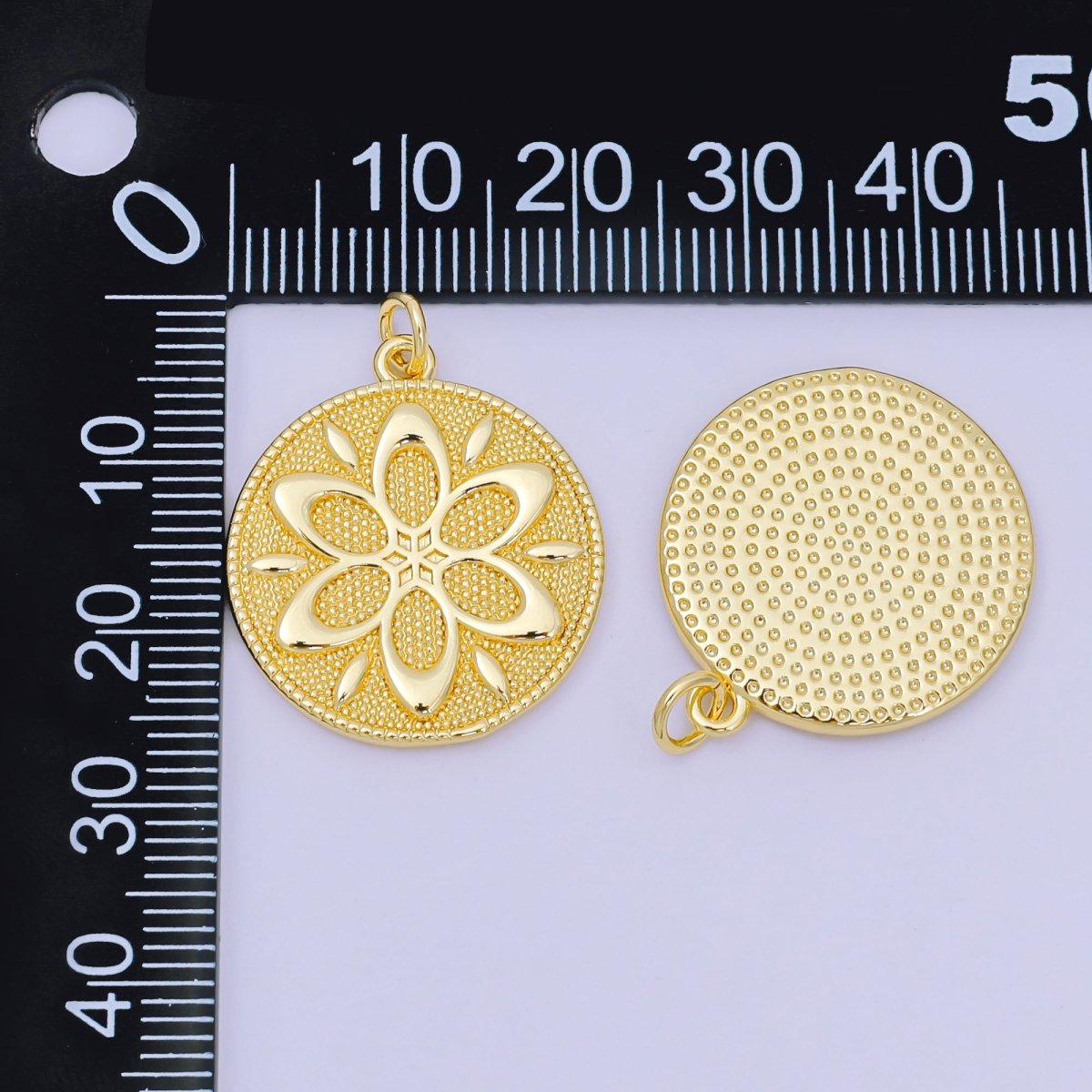 24K Gold Filled 24mm Sun Lotus Flower Textured Round Charm | AH647