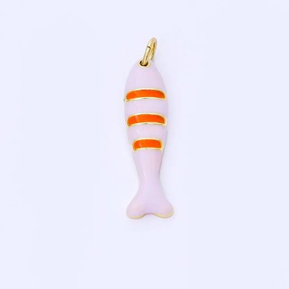 24K Gold Filled 24mm Teal, Orange, Purple Enamel Stripes Sea Creature Sardine Fish Charm | AF1502 AF1503