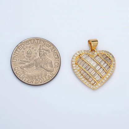 24K Gold Filled 25mm Baguette Micro Paved CZ Lined Heart Pendant | I459