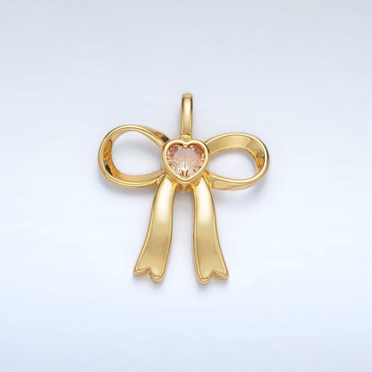 24K Gold Filled 25mm Birthstone Heart CZ Ribbon Bow Pendant | AA1413 - AA1418