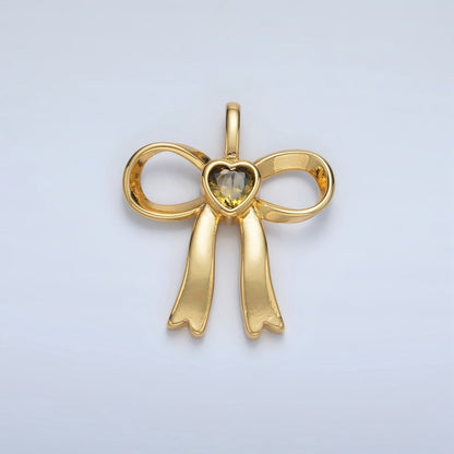 24K Gold Filled 25mm Birthstone Heart CZ Ribbon Bow Pendant | AA1413 - AA1418