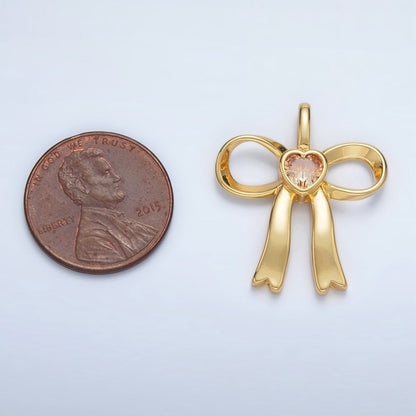 24K Gold Filled 25mm Birthstone Heart CZ Ribbon Bow Pendant | AA1413 - AA1418