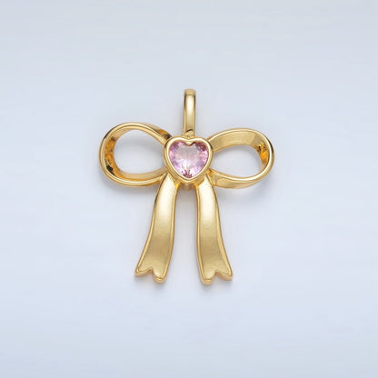 24K Gold Filled 25mm Birthstone Heart CZ Ribbon Bow Pendant | AA1413 - AA1418
