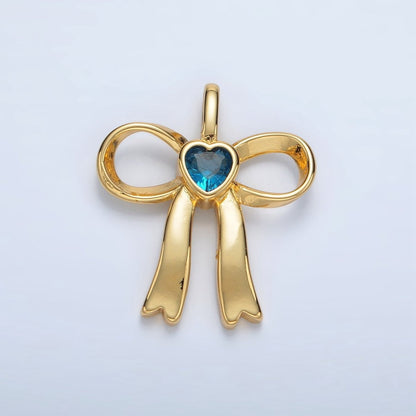 24K Gold Filled 25mm Birthstone Heart CZ Ribbon Bow Pendant | AA1413 - AA1418