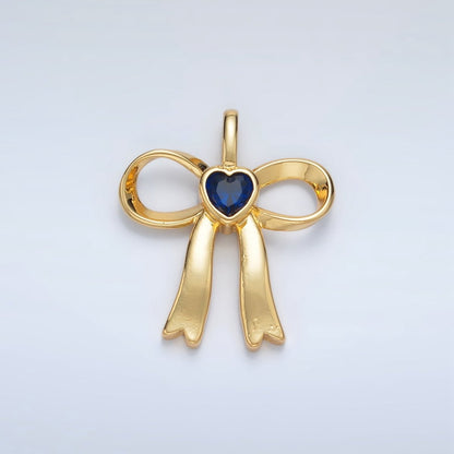 24K Gold Filled 25mm Birthstone Heart CZ Ribbon Bow Pendant | AA1413 - AA1418