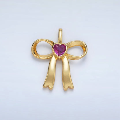 24K Gold Filled 25mm Birthstone Heart CZ Ribbon Bow Pendant | AA1413 - AA1418