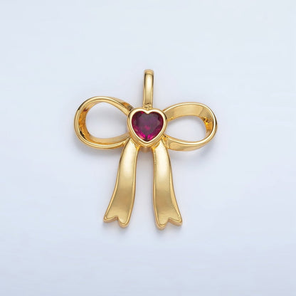 24K Gold Filled 25mm Birthstone Heart CZ Ribbon Bow Pendant | AA1413 - AA1418