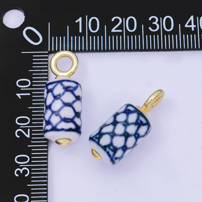 24K Gold Filled 25mm Blue-White Fish Net Porcelain Ceramic Cylinder Drop Charm | AF1281
