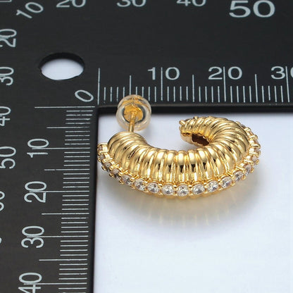 24K Gold Filled 25mm Micro Paved CZ Puffed Croissant J-Shaped Hoop Earrings | T124