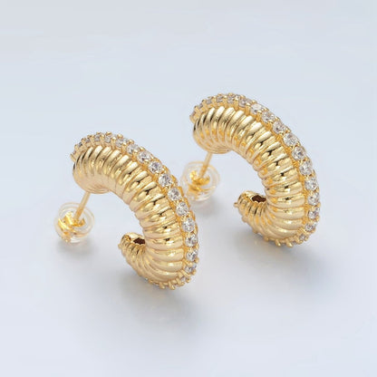 24K Gold Filled 25mm Micro Paved CZ Puffed Croissant J-Shaped Hoop Earrings | T124