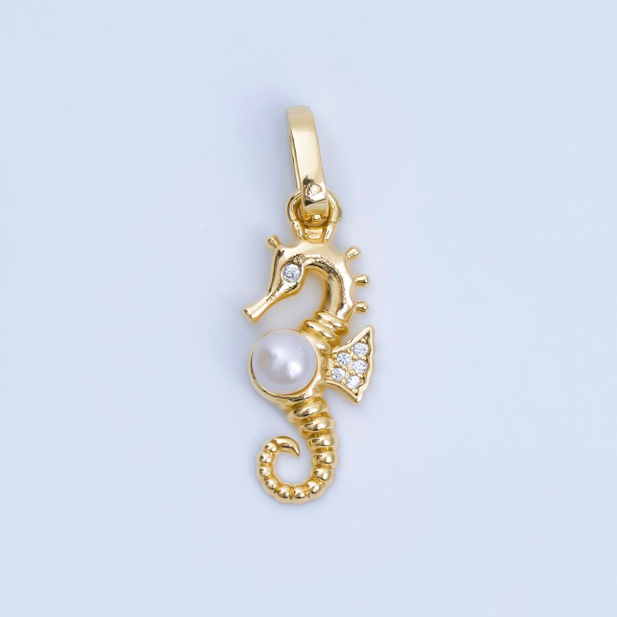24K Gold Filled 25mm Micro Paved CZ Shell Pearl Luxe Ocean Seahorse Animal Charm | AA-1600