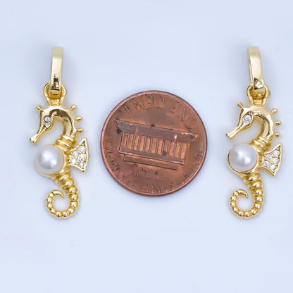 24K Gold Filled 25mm Micro Paved CZ Shell Pearl Luxe Ocean Seahorse Animal Charm | AA-1600