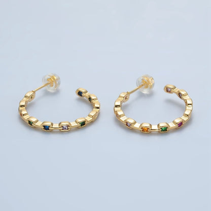 24K Gold Filled 25mm Multicolor CZ Front-Facing Chain C-Shaped Hoop Earrings | AD733