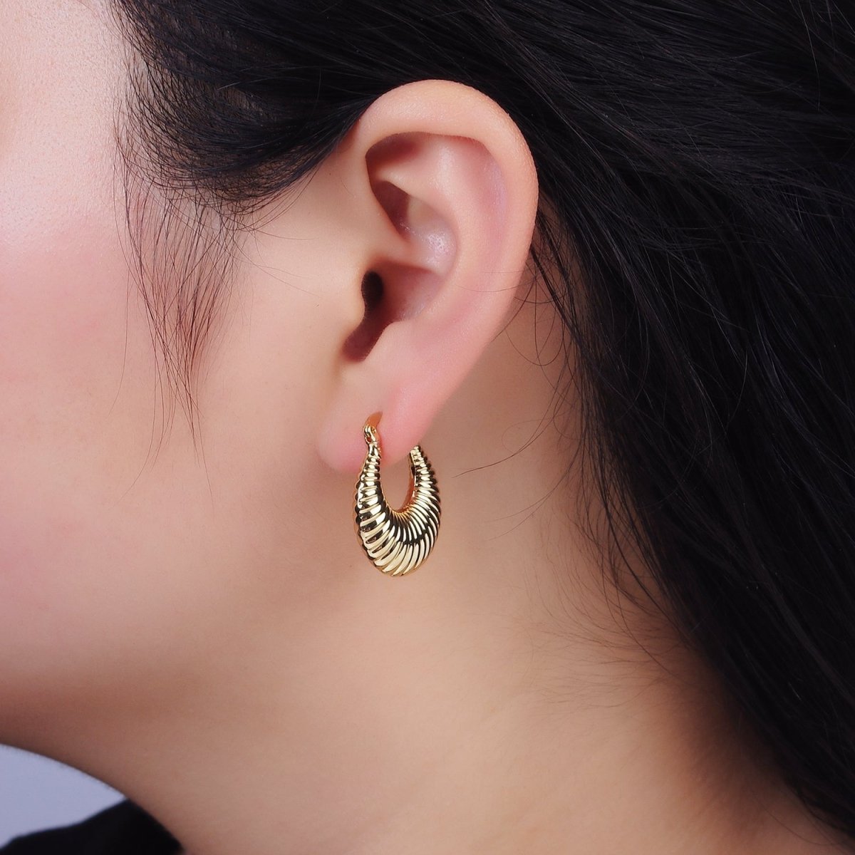 24K Gold Filled 25mm Oblong Chubby Croissant French Lock Latch Hoop Earrings in Gold &amp; Silver | AE-610 AE-611