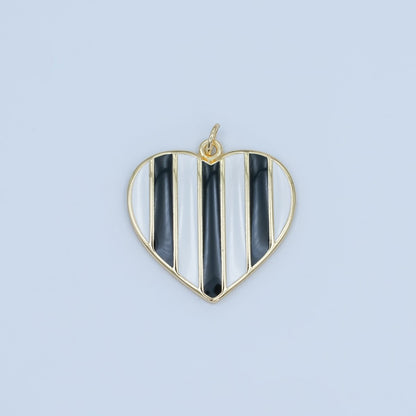 24K Gold Filled 26.5mm Black-and-White Striped Enamel Heart Charm | C050