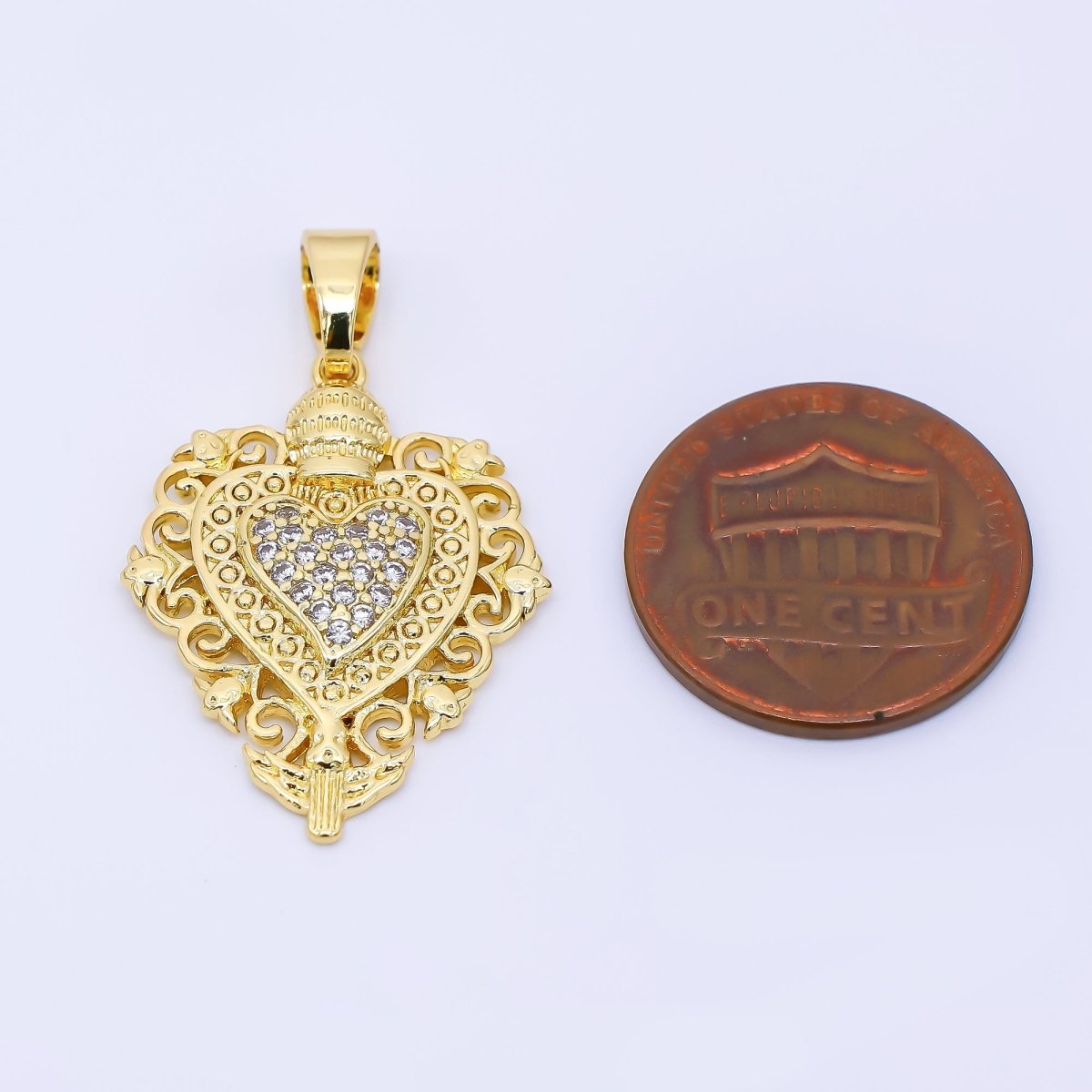 24K Gold Filled 26mm Micro Paved CZ Artisan Heart Pendant | AH542