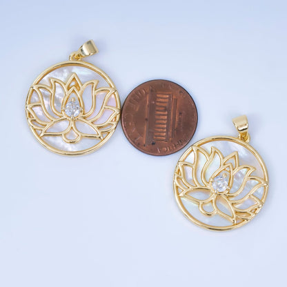 24K Gold Filled 26mm Shell Pearl White Lotus Flower Medallion Pendant | AA-1605