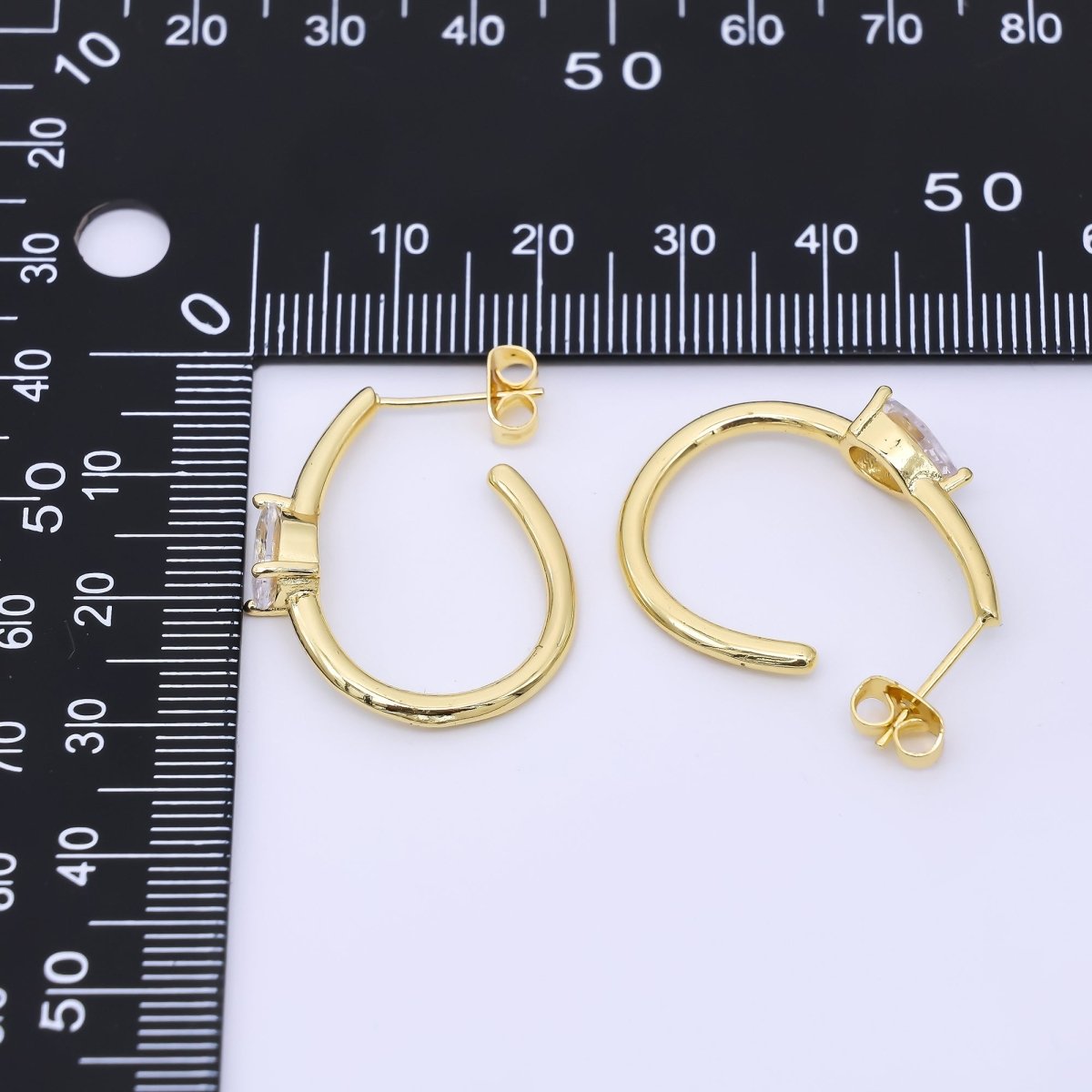 24K Gold Filled 27.5mm Clear CZ Teardrop J-Shaped Hoop Earrings | AI491