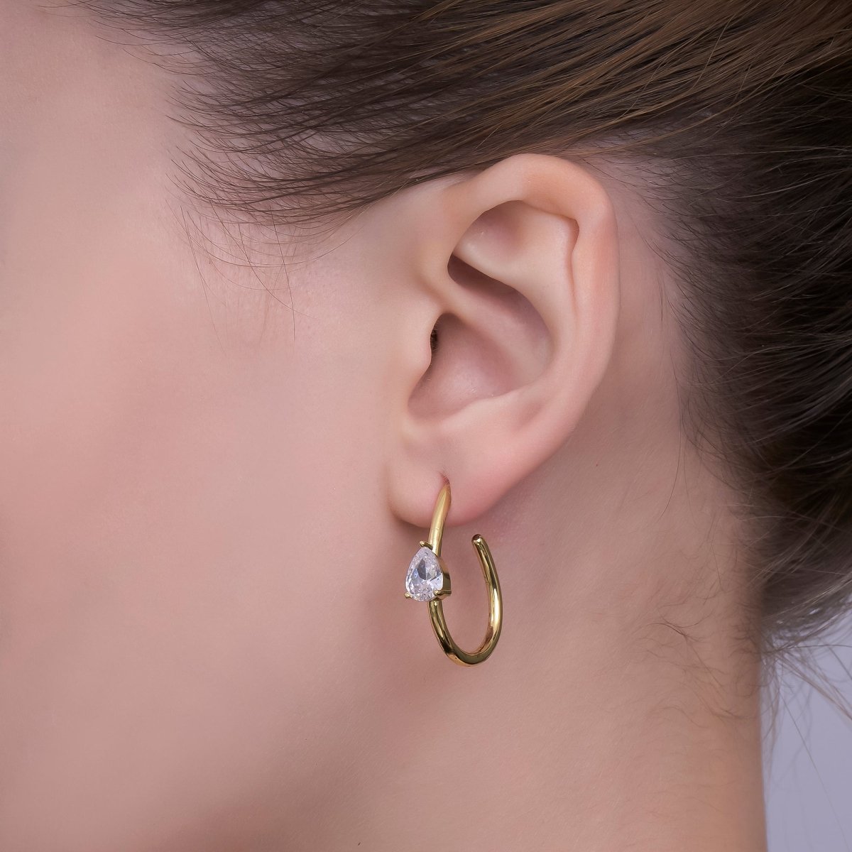 24K Gold Filled 27.5mm Clear CZ Teardrop J-Shaped Hoop Earrings | AI491