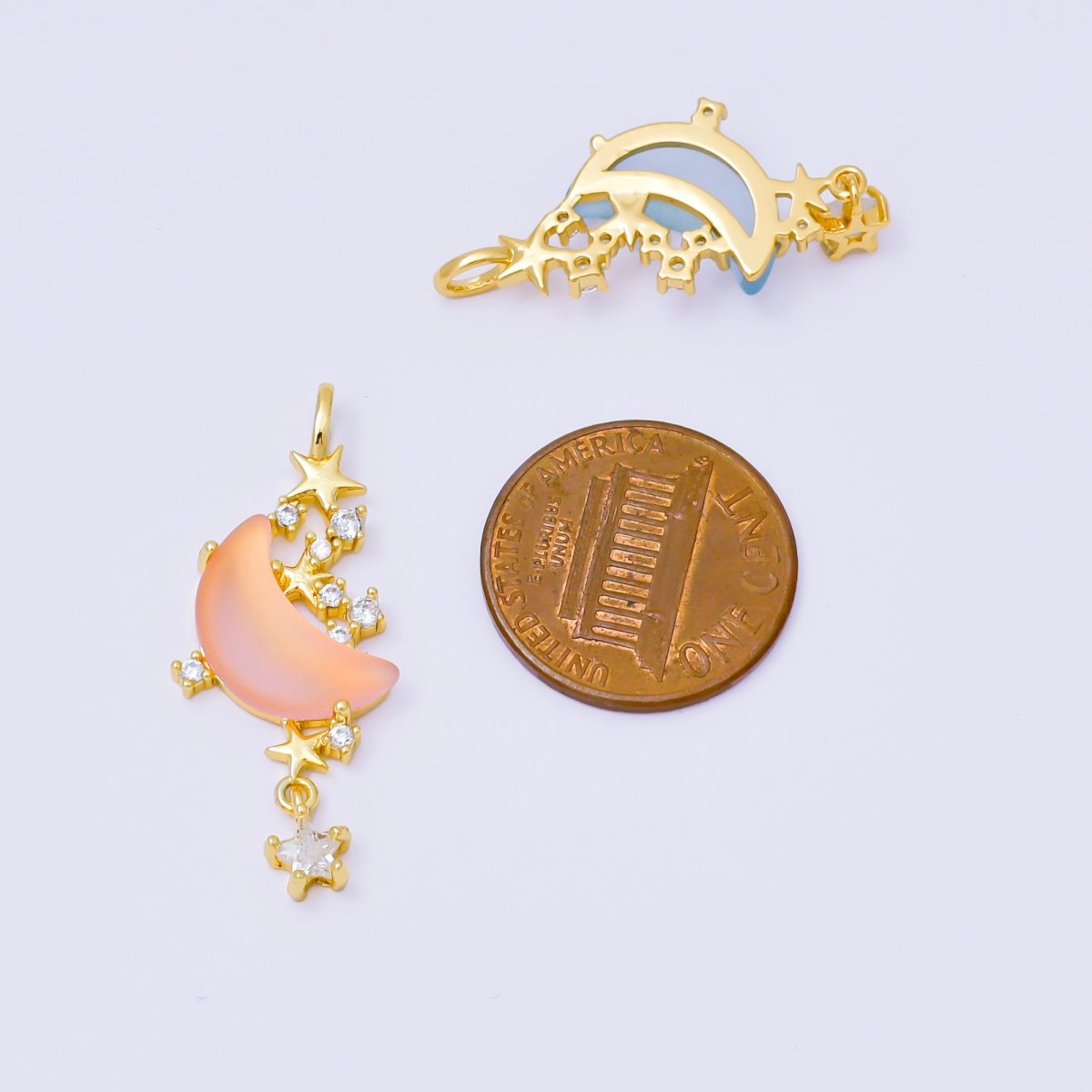24K Gold Filled 27.5mm Micro Paved CZ Blue, Pink, Clear Stars Moonlight Set Drop Pendant | AA1628 AA1629