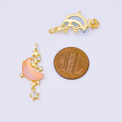24K Gold Filled 27.5mm Micro Paved CZ Blue, Pink, Clear Stars Moonlight Set Drop Pendant | AA1628 AA1629
