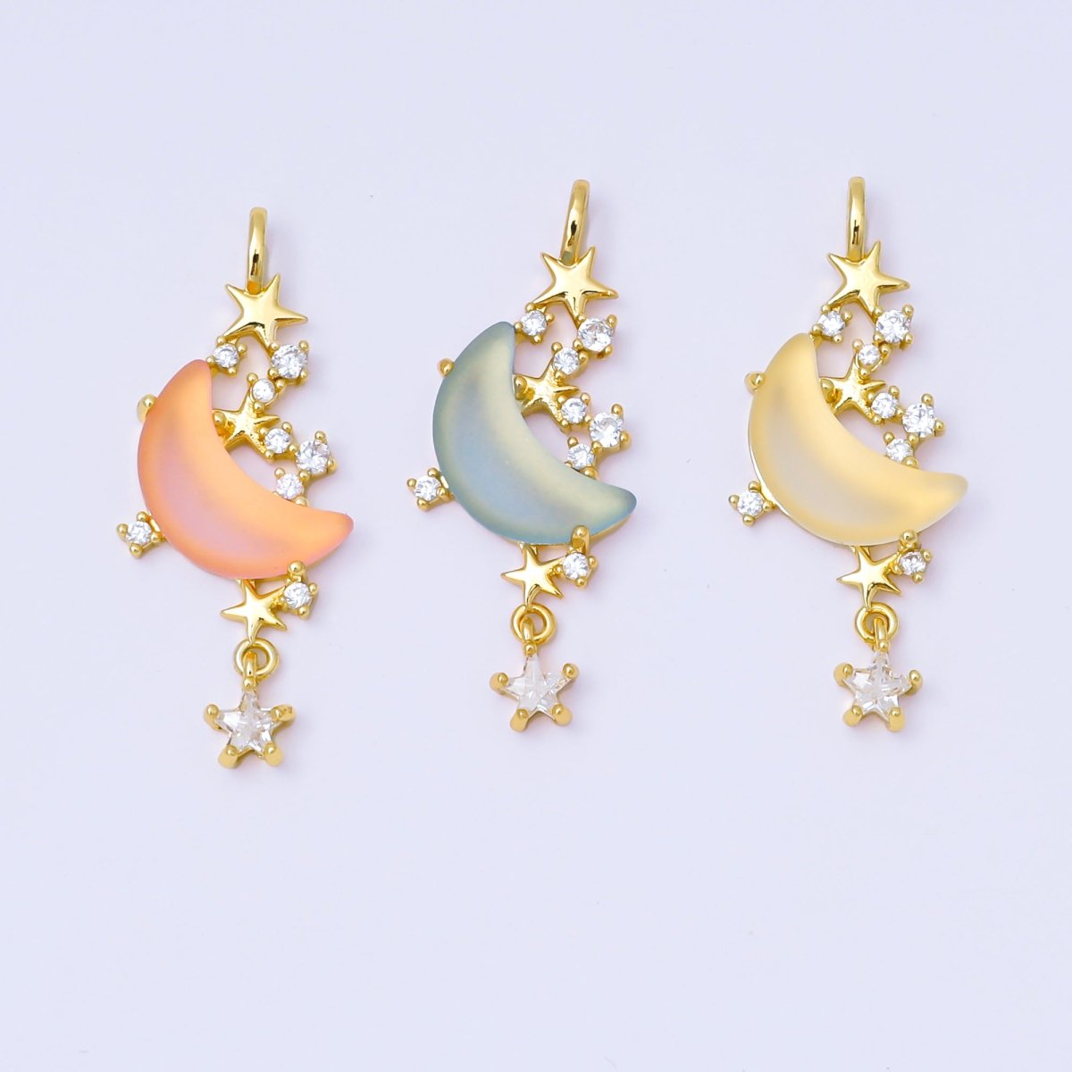 24K Gold Filled 27.5mm Micro Paved CZ Blue, Pink, Clear Stars Moonlight Set Drop Pendant | AA1628 AA1629