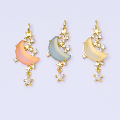 24K Gold Filled 27.5mm Micro Paved CZ Blue, Pink, Clear Stars Moonlight Set Drop Pendant | AA1628 AA1629