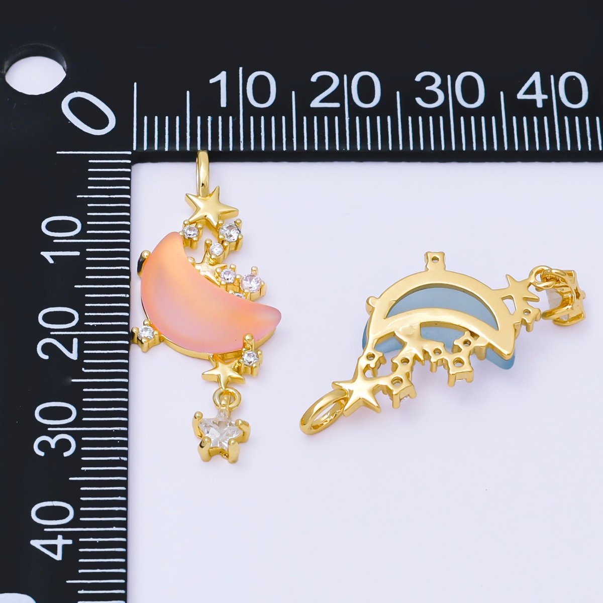 24K Gold Filled 27.5mm Micro Paved CZ Blue, Pink, Clear Stars Moonlight Set Drop Pendant | AA1628 AA1629