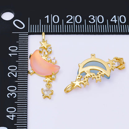 24K Gold Filled 27.5mm Micro Paved CZ Blue, Pink, Clear Stars Moonlight Set Drop Pendant | AA1628 AA1629
