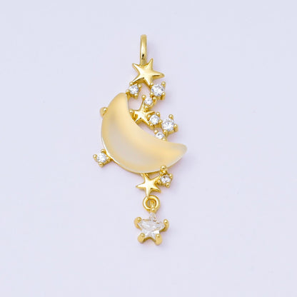 24K Gold Filled 27.5mm Micro Paved CZ Blue, Pink, Clear Stars Moonlight Set Drop Pendant | AA1628 AA1629
