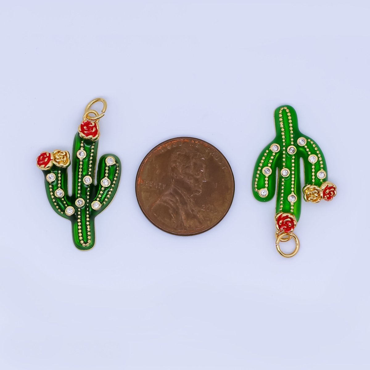 24K Gold Filled 27mm Clear CZ Dotted Enamel Red Flower Cactus Plant Charm | AJ433 AJ434