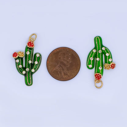 24K Gold Filled 27mm Clear CZ Dotted Enamel Red Flower Cactus Plant Charm | AJ433 AJ434
