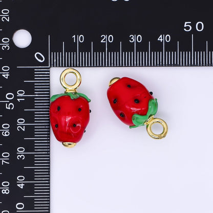 24K Gold Filled 27mm Glass Art Crimson Red Strawberry Fruit Charm | AH-625