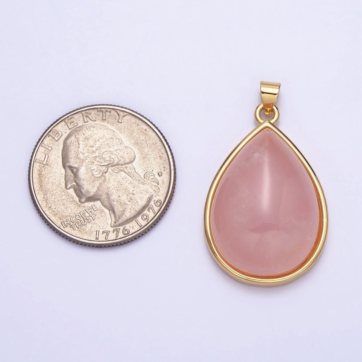 24K Gold Filled 28.5mm, 35mm Rose Quartz Natural Gemstone Teardrop Bezel Pendant | AA328 AA294