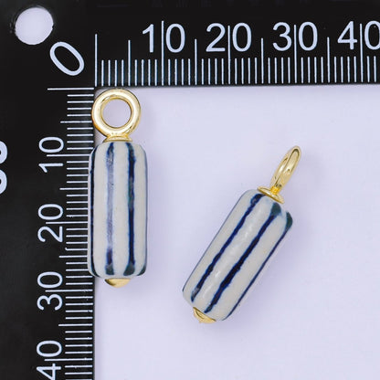 24K Gold Filled 28.5mm Blue-White Linear Cylinder Porcelain Drop Charm | AF1285