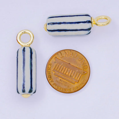 24K Gold Filled 28.5mm Blue-White Linear Cylinder Porcelain Drop Charm | AF1285