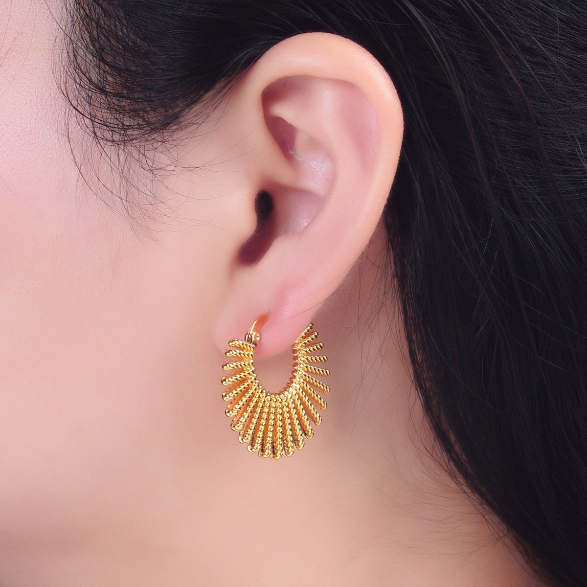 24K Gold Filled 28mm Celestial Sun Ray Croissant Latch Hoop Earrings in Gold &amp; Silver | P230 P231