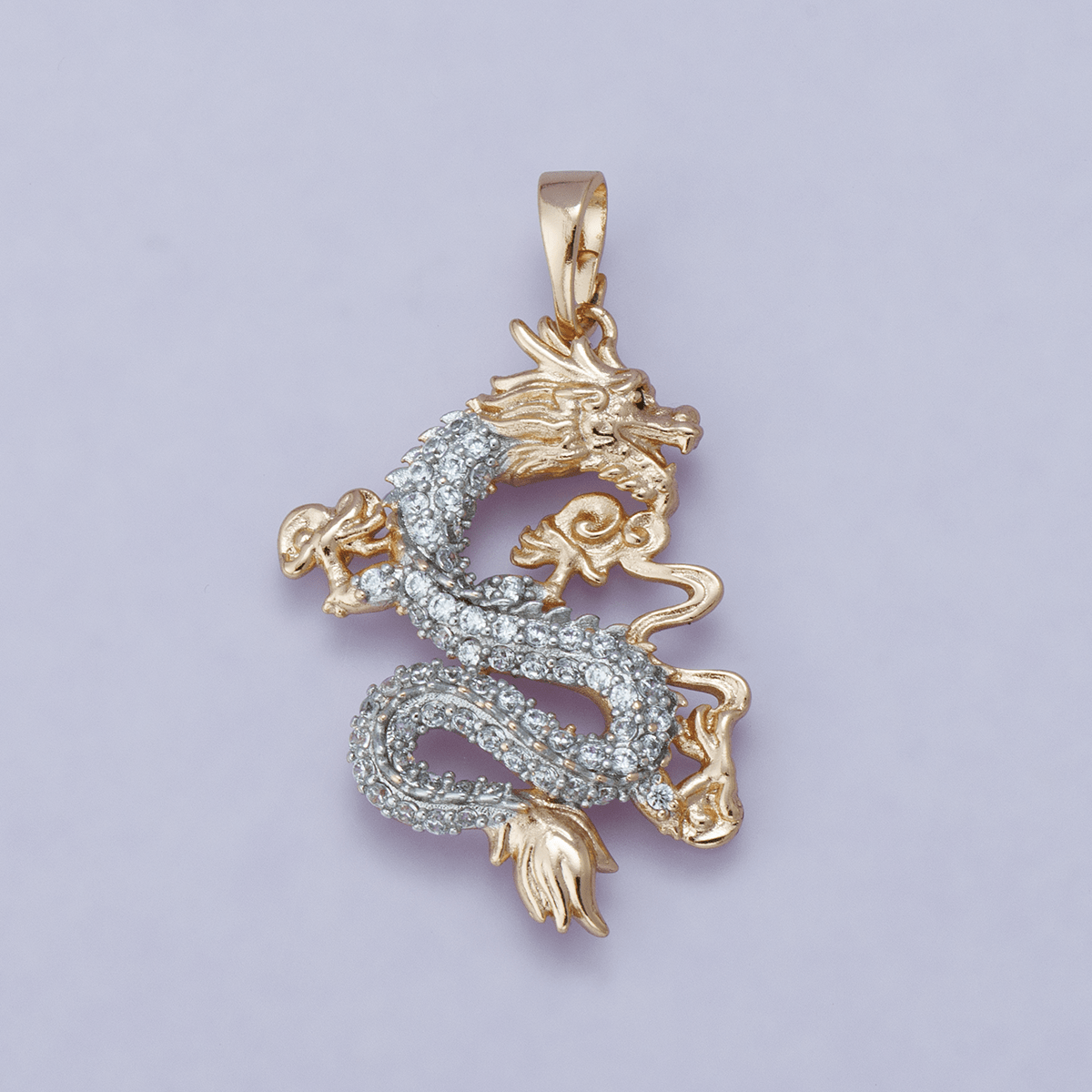 24K Gold Filled 28mm Micro Paved CZ Oriental Dragon Lucky Pendant | H00627