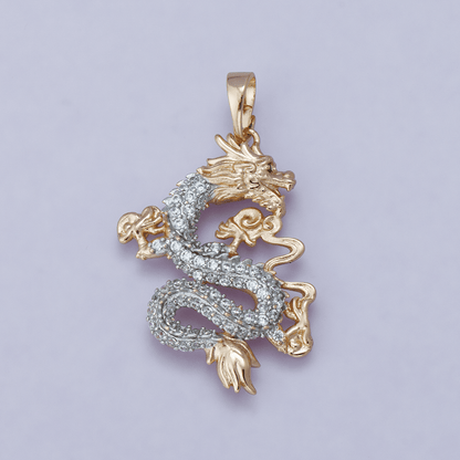 24K Gold Filled 28mm Micro Paved CZ Oriental Dragon Lucky Pendant | H00627