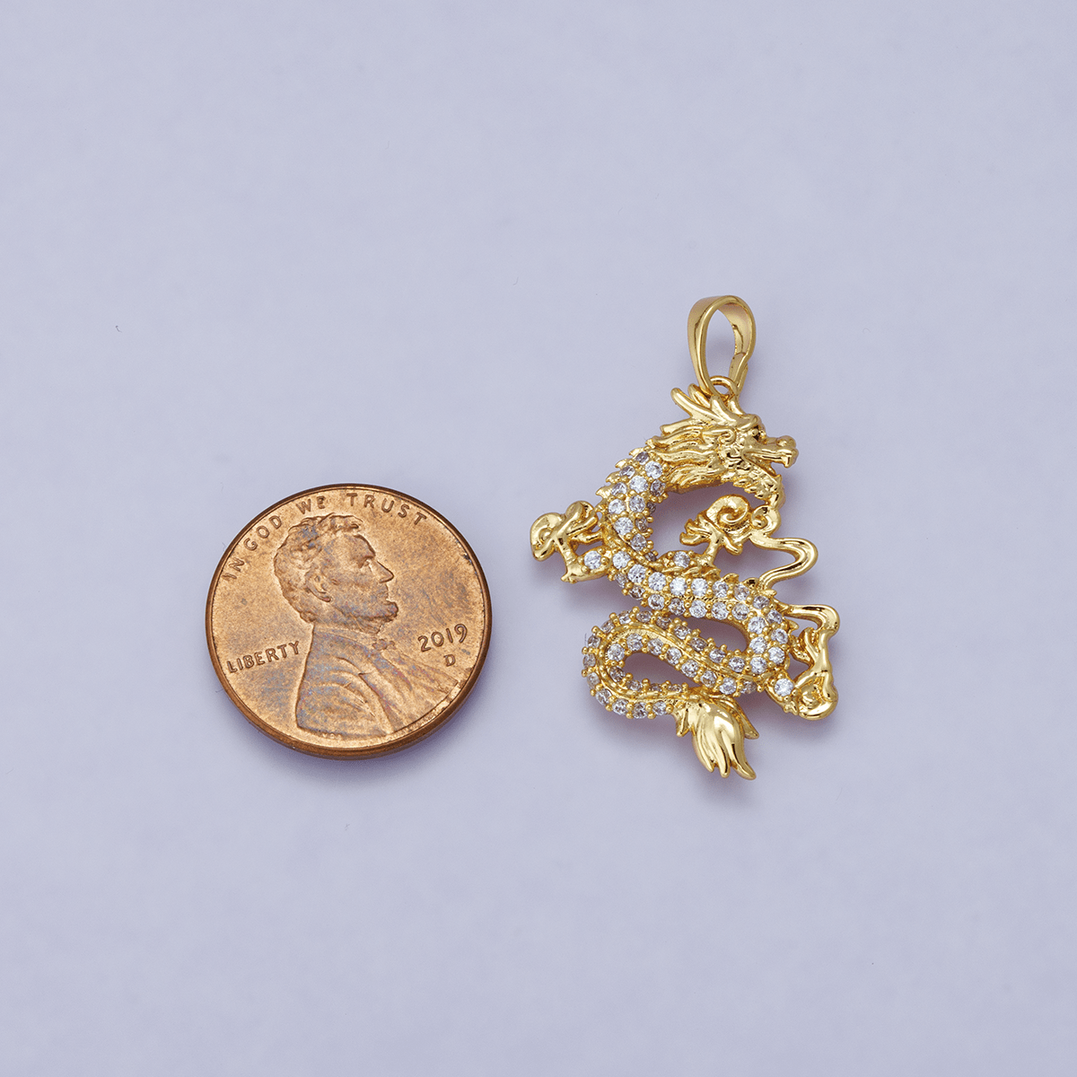 24K Gold Filled 28mm Micro Paved CZ Oriental Dragon Lucky Pendant | H00627