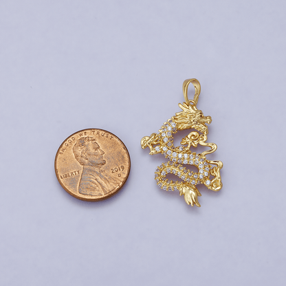 24K Gold Filled 28mm Micro Paved CZ Oriental Dragon Lucky Pendant | H00627