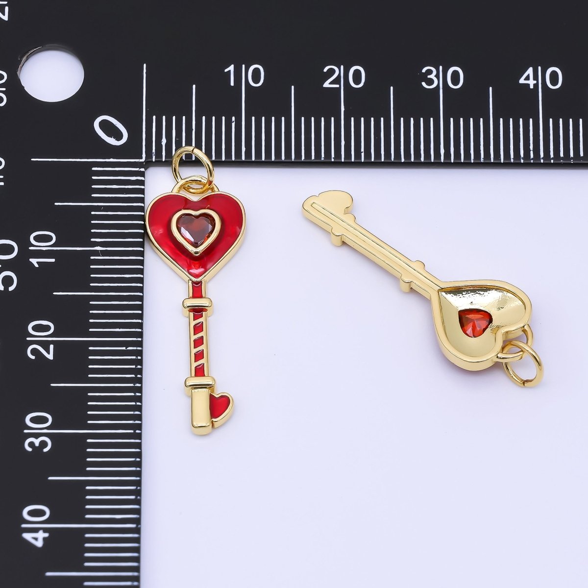 24K Gold Filled 28mm Red CZ Enamel Heart Key Charm | AC1603