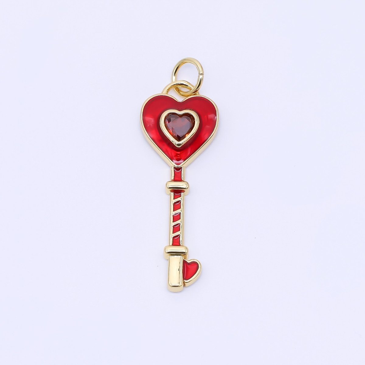24K Gold Filled 28mm Red CZ Enamel Heart Key Charm | AC1603