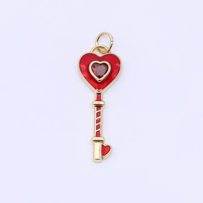 24K Gold Filled 28mm Red CZ Enamel Heart Key Charm | AC1603