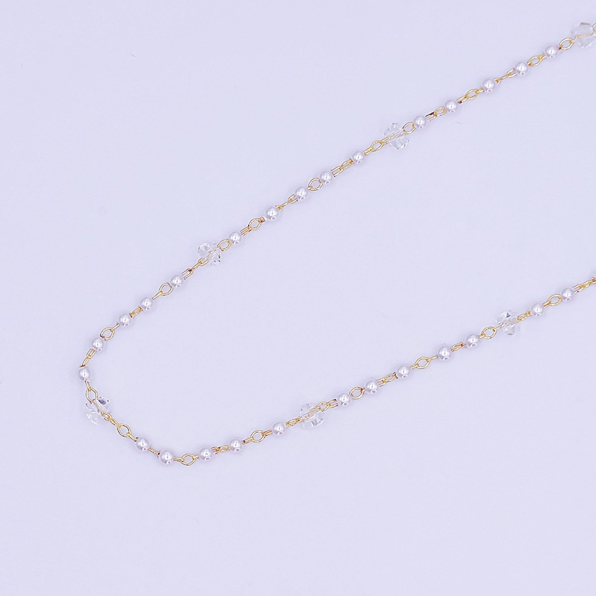 24K Gold Filled 2.8mm faux Pearl Clear Crystal Link Unfinished Chain by Yard | Roll-1662