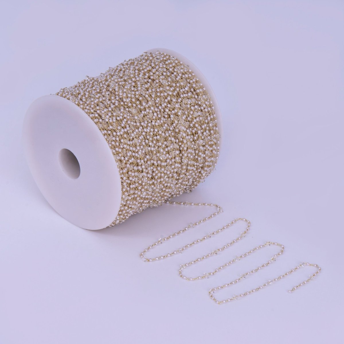 24K Gold Filled 2.8mm faux Pearl Clear Crystal Link Unfinished Chain by Yard | Roll-1662
